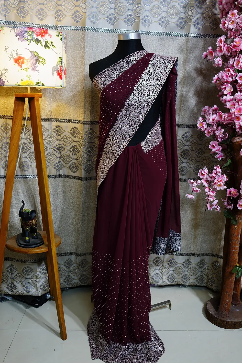 Merun Silk Blend Saree with Embroidery